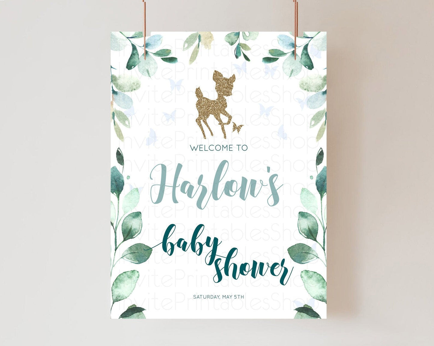 Fawn Baby Shower Welcome Sign Deer Welcome Board Floral Deer Welcome Poster Enchanted Forest Butterfly Pastel Floral Welcome Sign D10882