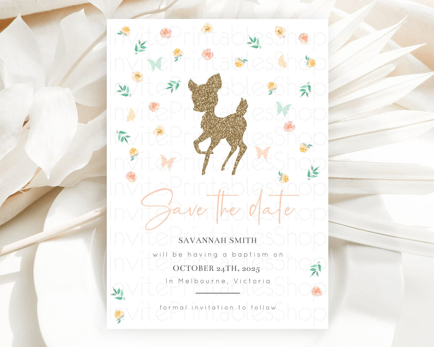 Fawn Deer Save The Date Template Pastel Floral Deer Enchanted Forest Butterfly Party 1st Birthday Baptism Baby Shower Bridal Shower D10355