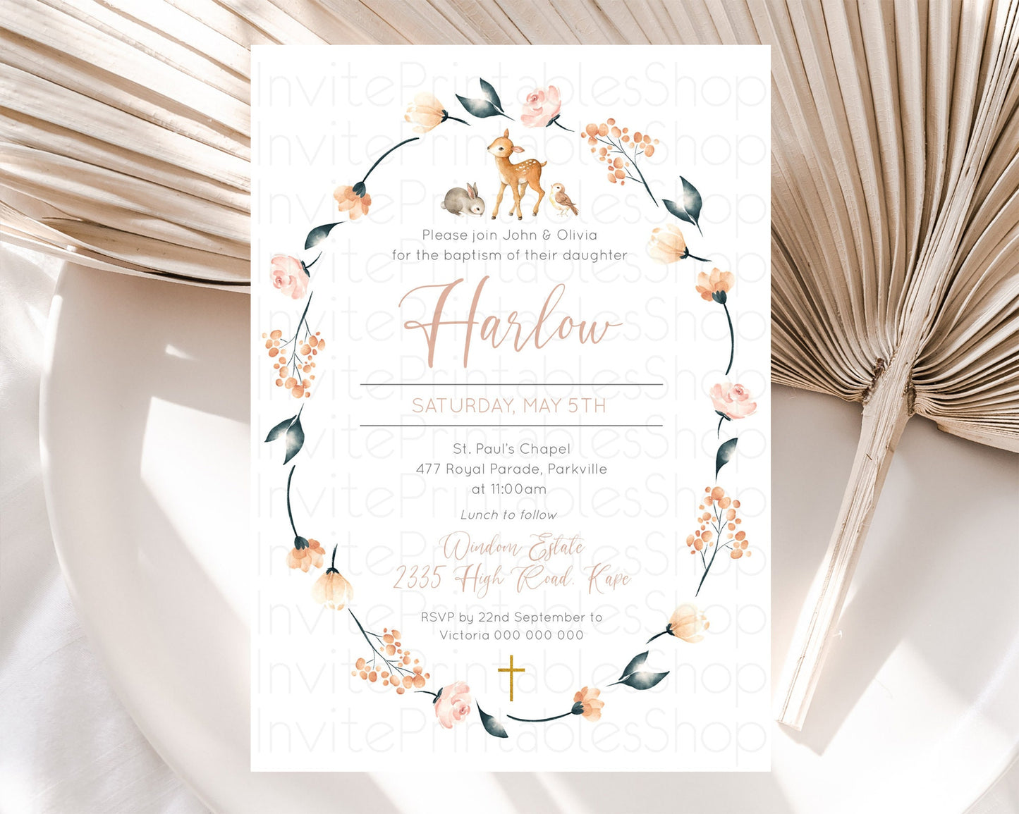 Fawn Baptism Invitation Deer Baptism 1st Birthday Invitation Enchanted Forest Christening Invitation Pastel Garden Butterfly Floral D10241