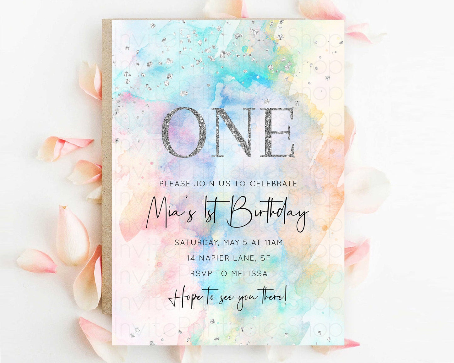 Rainbow Birthday Invitation Colorful Pastel Watercolor Silver Glitter Sprinkles Ombre Pastel Invitation 1st 2nd 3rd First Birthday D11031