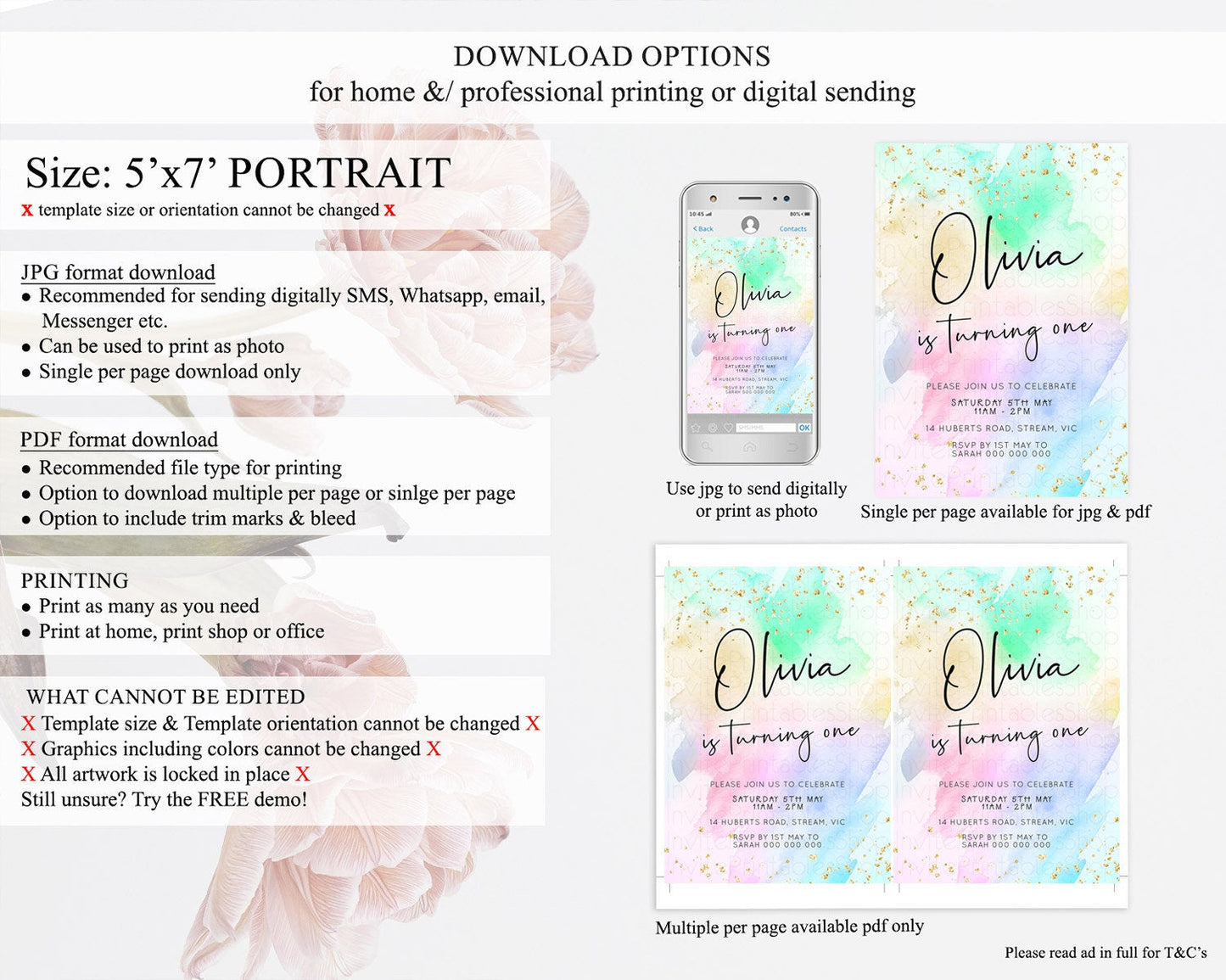 Pastel Birthday Invitation Ombre Watercolor Birthday Invitation Glitter Rainbow Color Splash 1st 2nd 3rd Birthday Invitation D23075