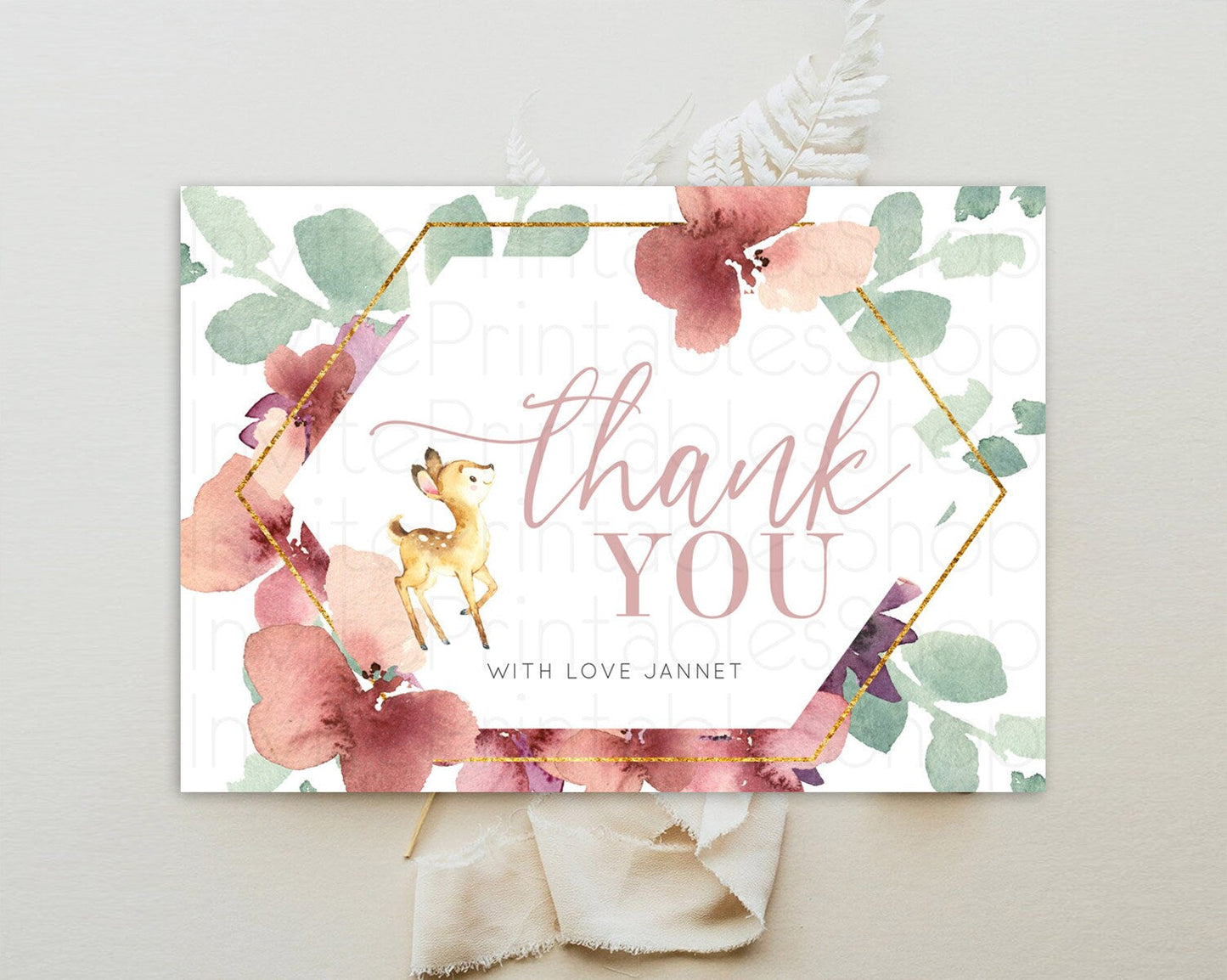 Fawn Thank You Deer Thank You Card Pastel Floral Deer Birthday Thank You Card Enchanted Forest Butterfly Deer Teacher Thank You Card D10915