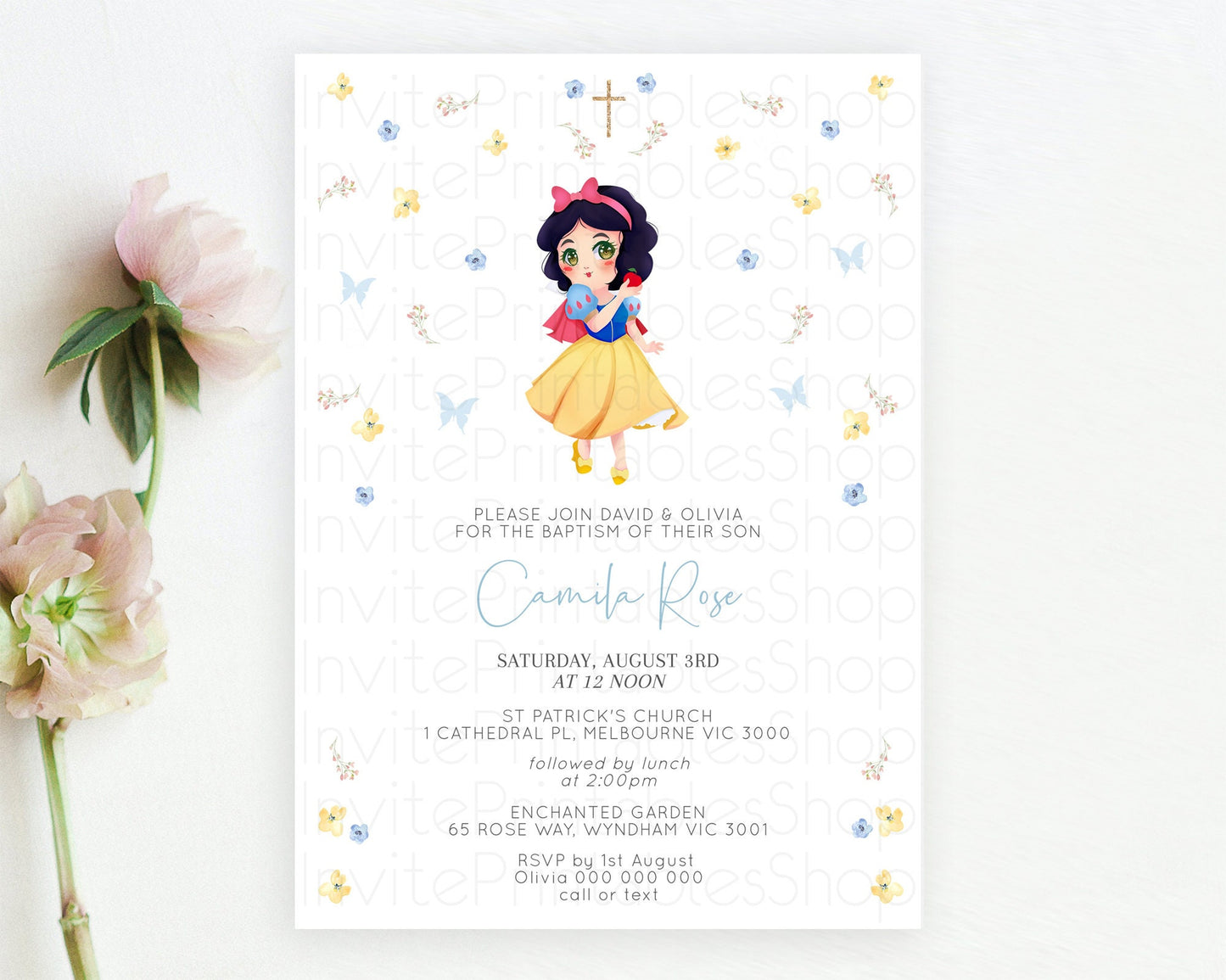 Princess Baptism Invitation Enchanted Castle Baptism 1st Birthday Invitation Royal Party Pastel Floral Secret Garden Christening D10353