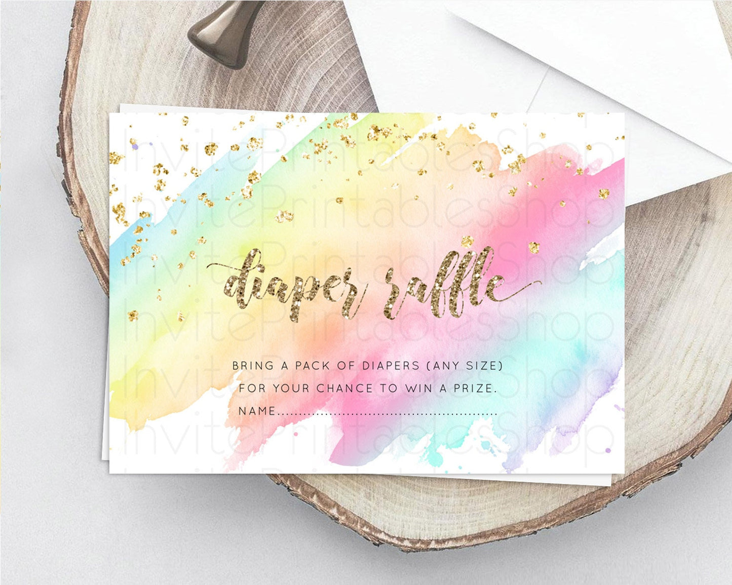 Pastel Diaper Raffle Card Pastel Rainbow Diaper Raffle Insert Colorful Ombre Watercolor Diaper Ticket Confetti Glitter Raffle Game D10495