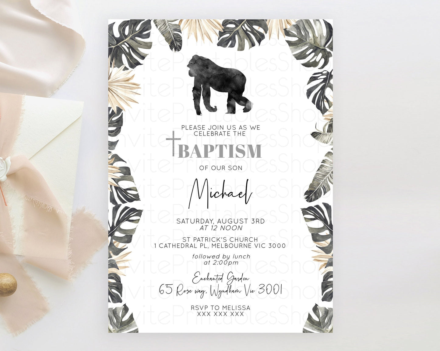 Editable Gorilla Baptism Invitation Gorilla Baptism 1st Birthday Invitation
