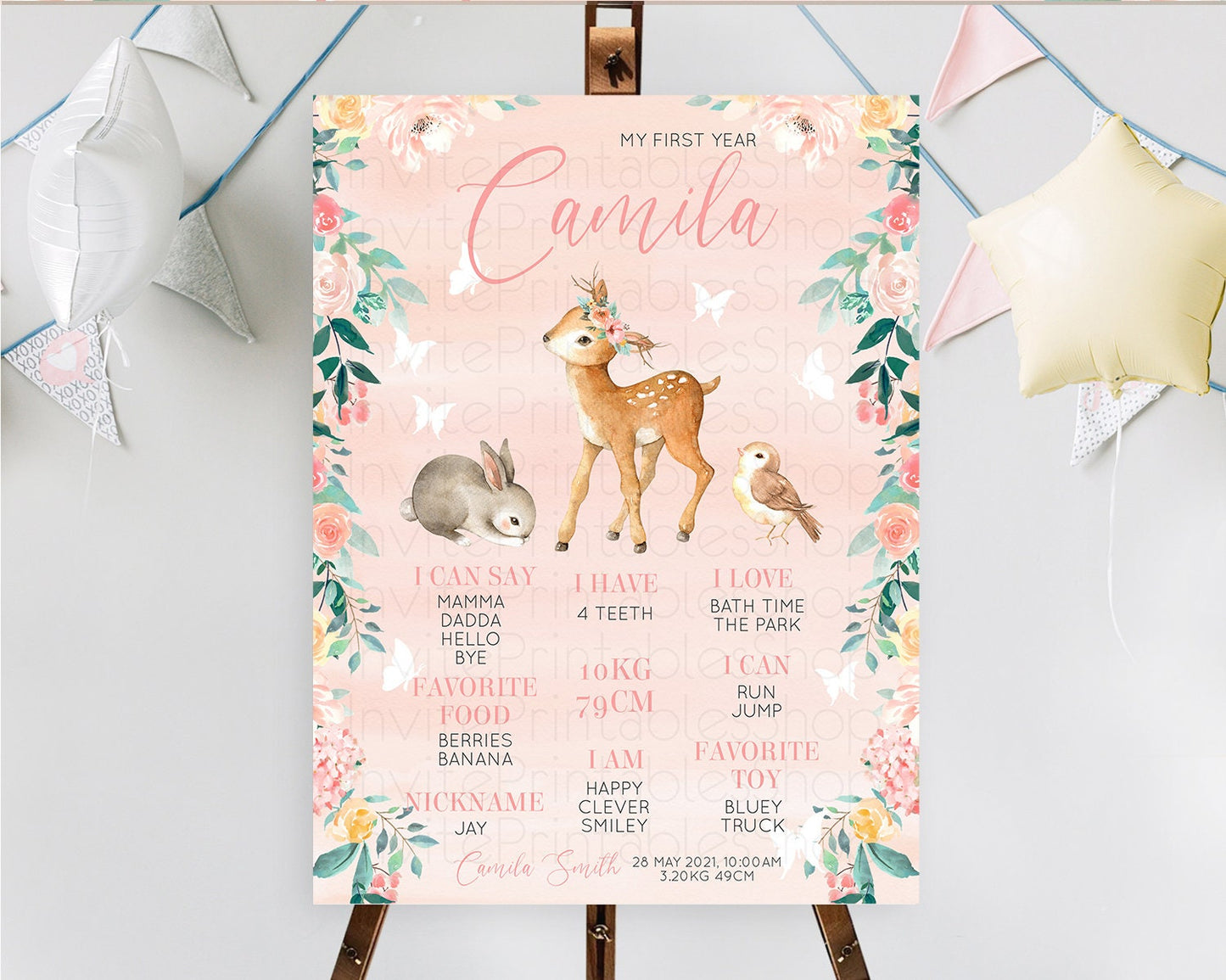 Fawn First Birthday Milestone Board Deer First Birthday Milestone Poster Enchanted Forest Butterfly Pastel Flowers 1st Birthday Sign D10921