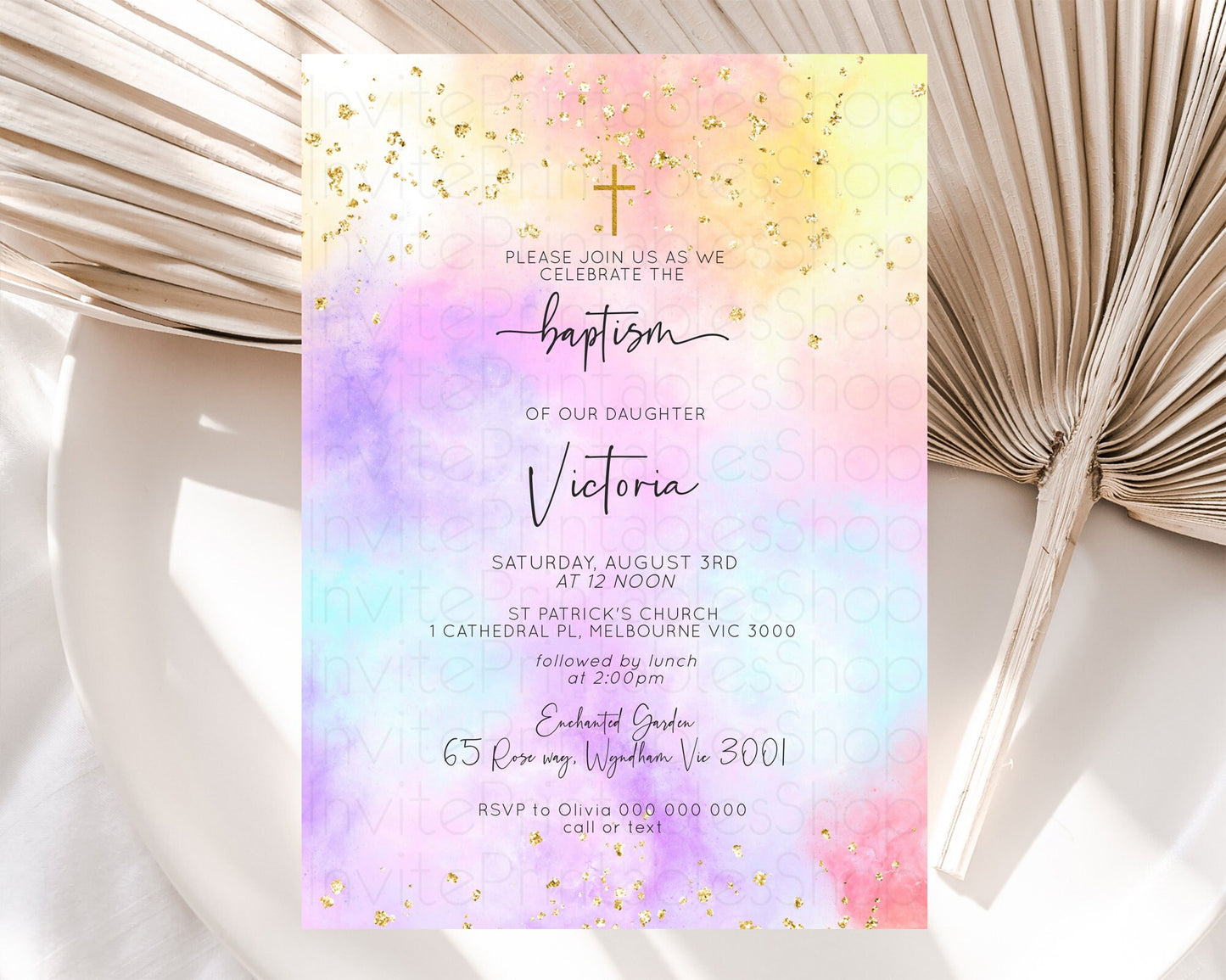 Pastel Baptism Invitation Pastel Colors Watercolor Baptism 1st Birthday Party Gold Ombre Pastel Rainbow Christening Holy Communion D10437