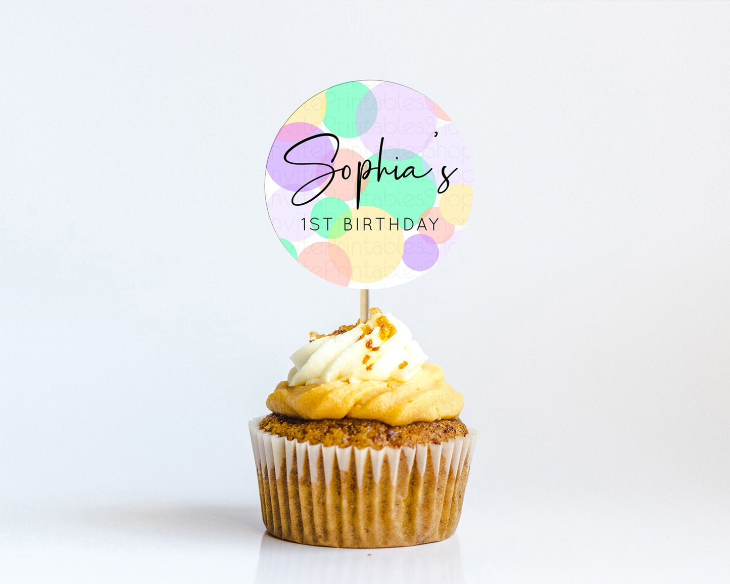 Pastel Cupcake Toppers Pastel Confetti Cupcake Topper Bubbles Sprinkles Colorful Rainbow Confetti Cupcake First Birthday Party Decor D10380