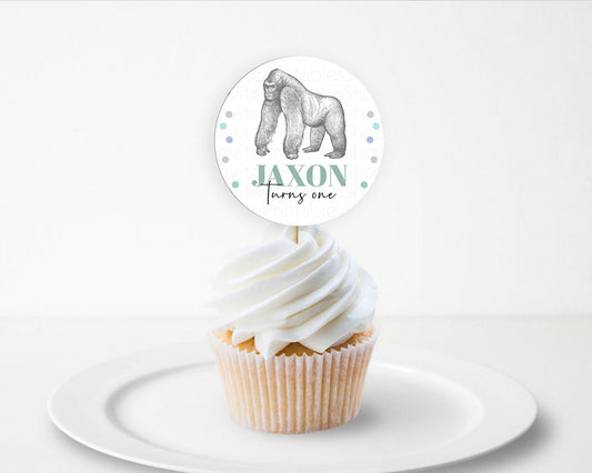 Gorilla Cupcake Toppers Jungle Gorilla Cupcake Gorilla Party Décor Gorilla Jungle Adventure Zoo Green Palm Leaf Fern First Birthday D10854