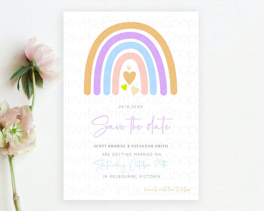 Editable Pastel Rainbow Save The Date Template Boho Colorful Rainbow Party R