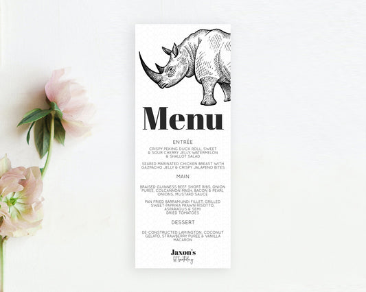 Rhino Menu Rhino Menu Template Rhino Party Table Decor Safari Adventure Decor Rhino Dinner Dessert Menu Rhino Party Food Menu D10253