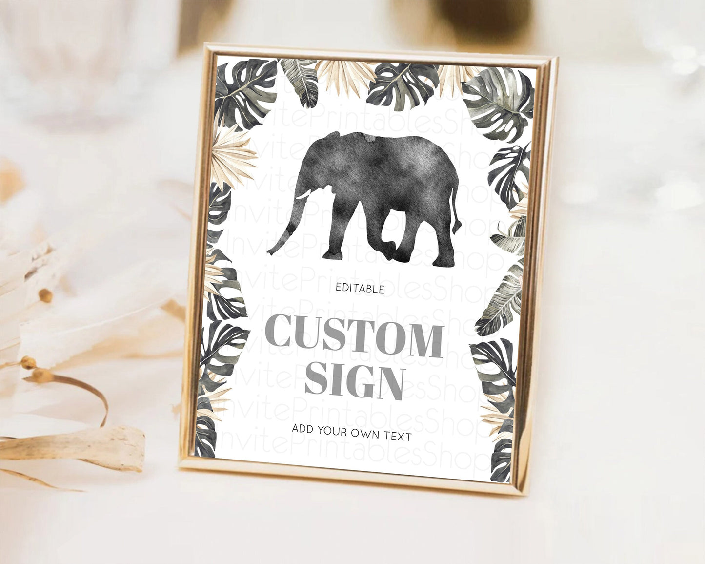 Elephant Sign Elephant Safari Adventure Party Table Sign Decor Dried Palm Fern Zoo 1st Birthday Baptism Baby Shower Bridal Shower D10803