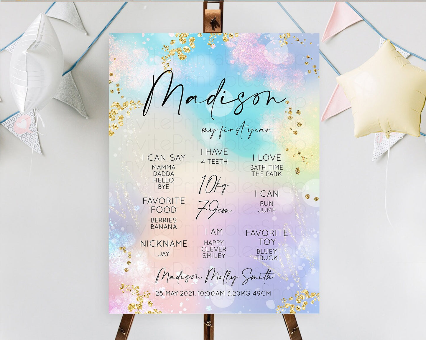 Pastel First Birthday Milestone Board Pastel Rainbow Milestone Poster Colorful Confetti Watercolor Glitter 1st Birthday Welcome Sign D10675