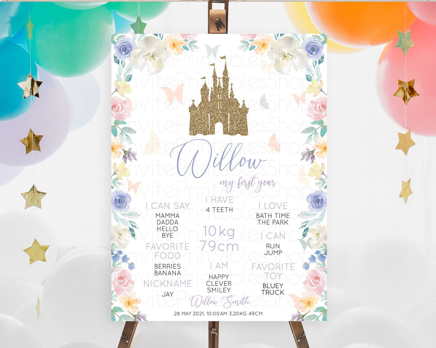 Princess First Birthday Milestone Poster Castle Milestone Board Secret Garden Enchanted Castle Pastel Floral Garden First Birthday D10931