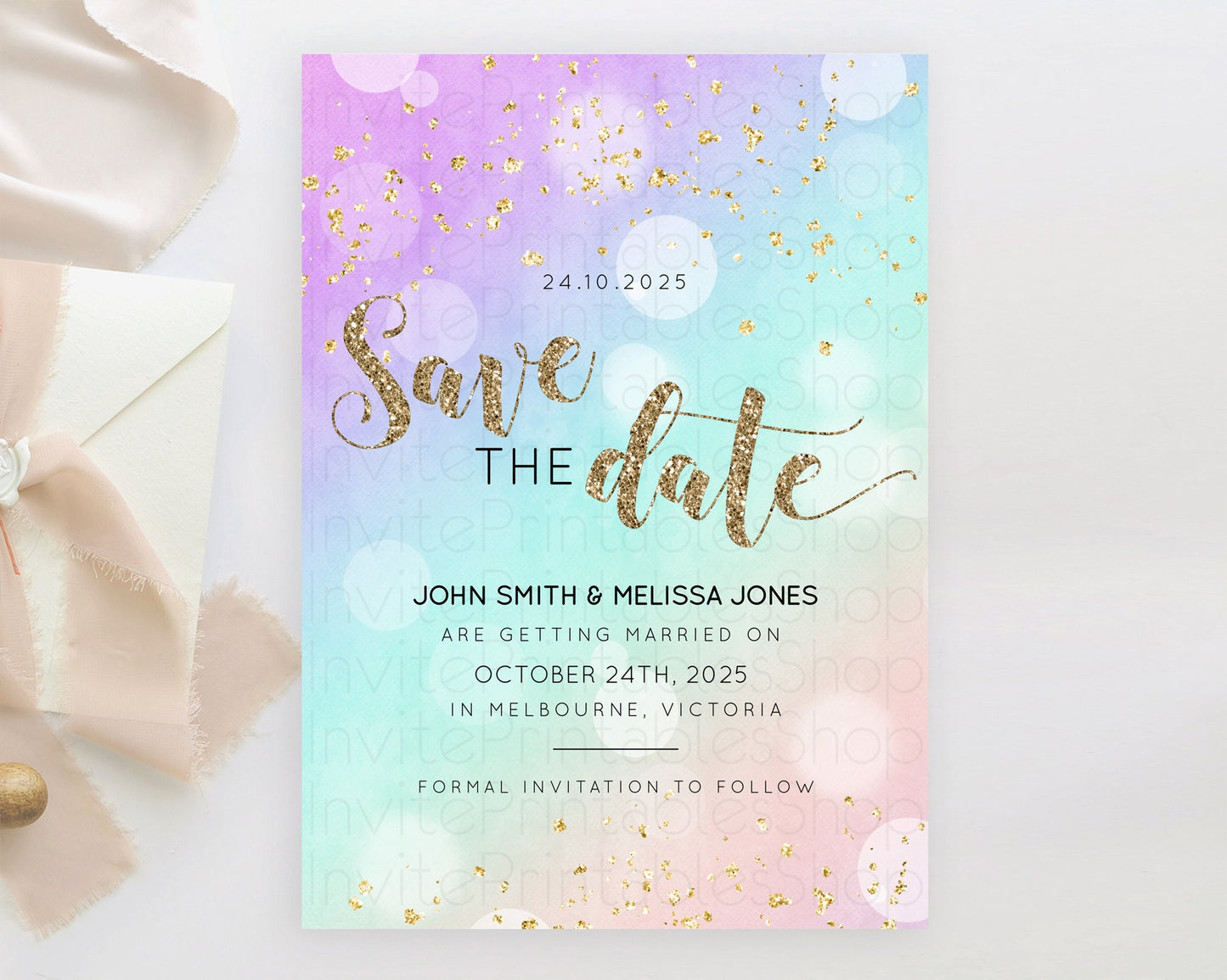 Pastel Save The Date Template Pastel Ombre Rainbow Watercolor Colorful Party For Birthday Baptism Baby Shower Wedding Bridal Shower D10621