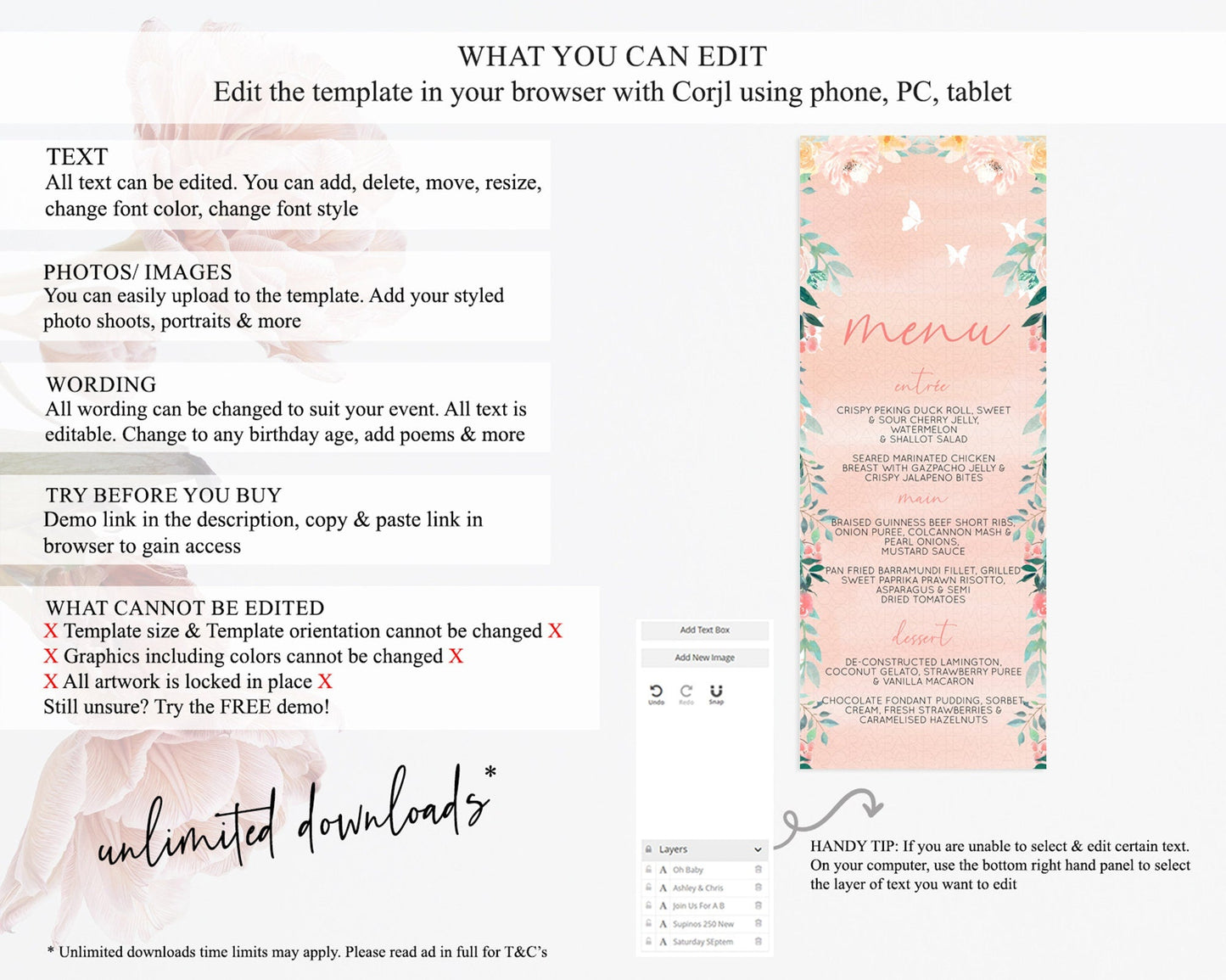 Secret Garden Menu Wildflower Menu Template Pastel Flower Garden Table Decor Boho Floral Dinner Dessert Floral Party Food Menu D10245