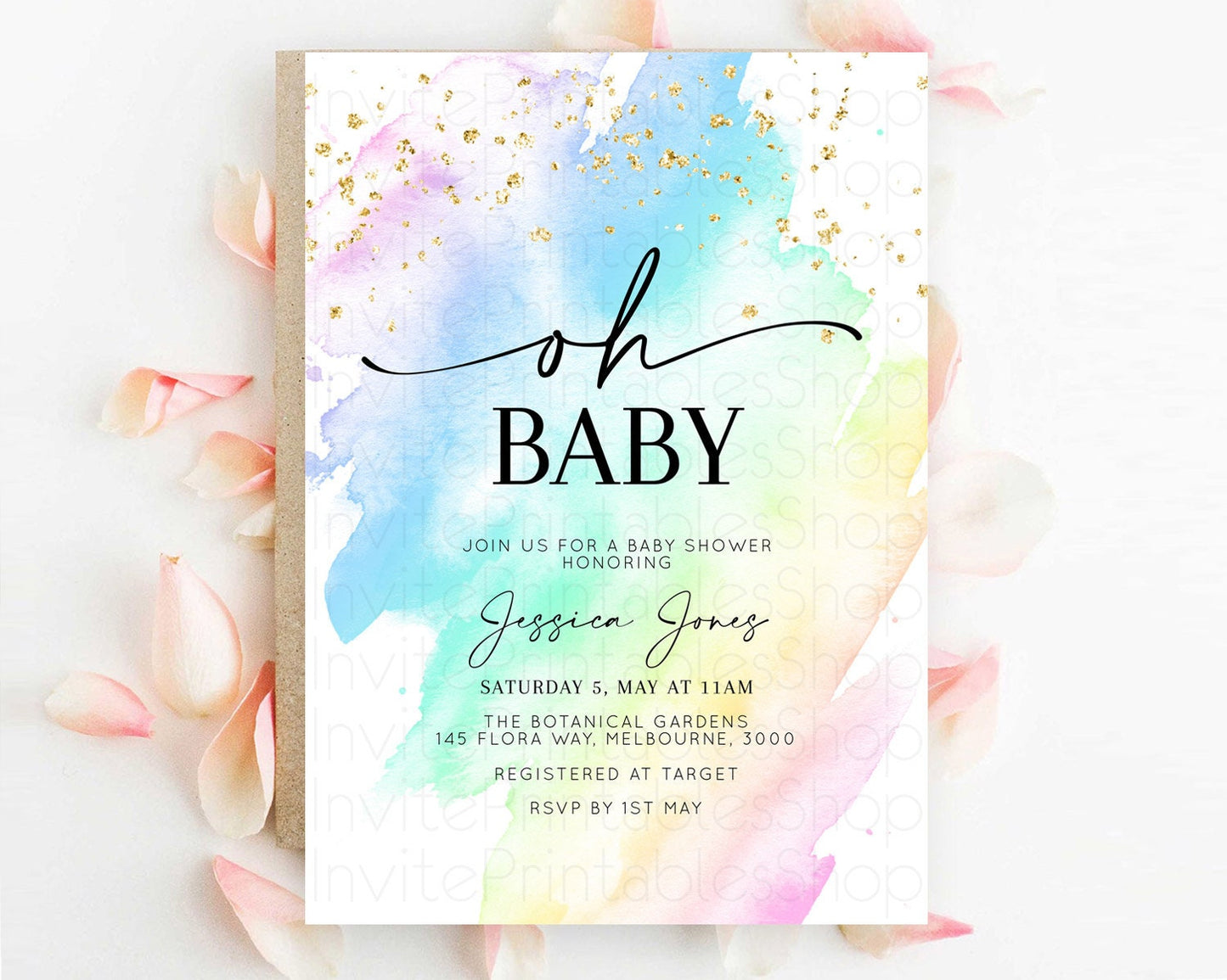 Pastel Baby Shower Invitation Rainbow Baby Shower Invitation Colorful Pastel Watercolor Invitation Gold Glitter Sprinkles Ombre D10640