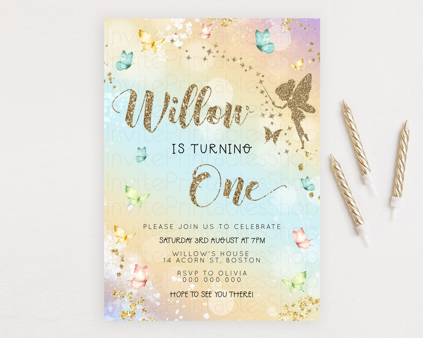 Pastel Fairy Birthday Invitation Pastel Butterflies Fairy Birthday Invitation Rainbow Ombre Watercolor 1st 2nd Birthday Invitation D23159