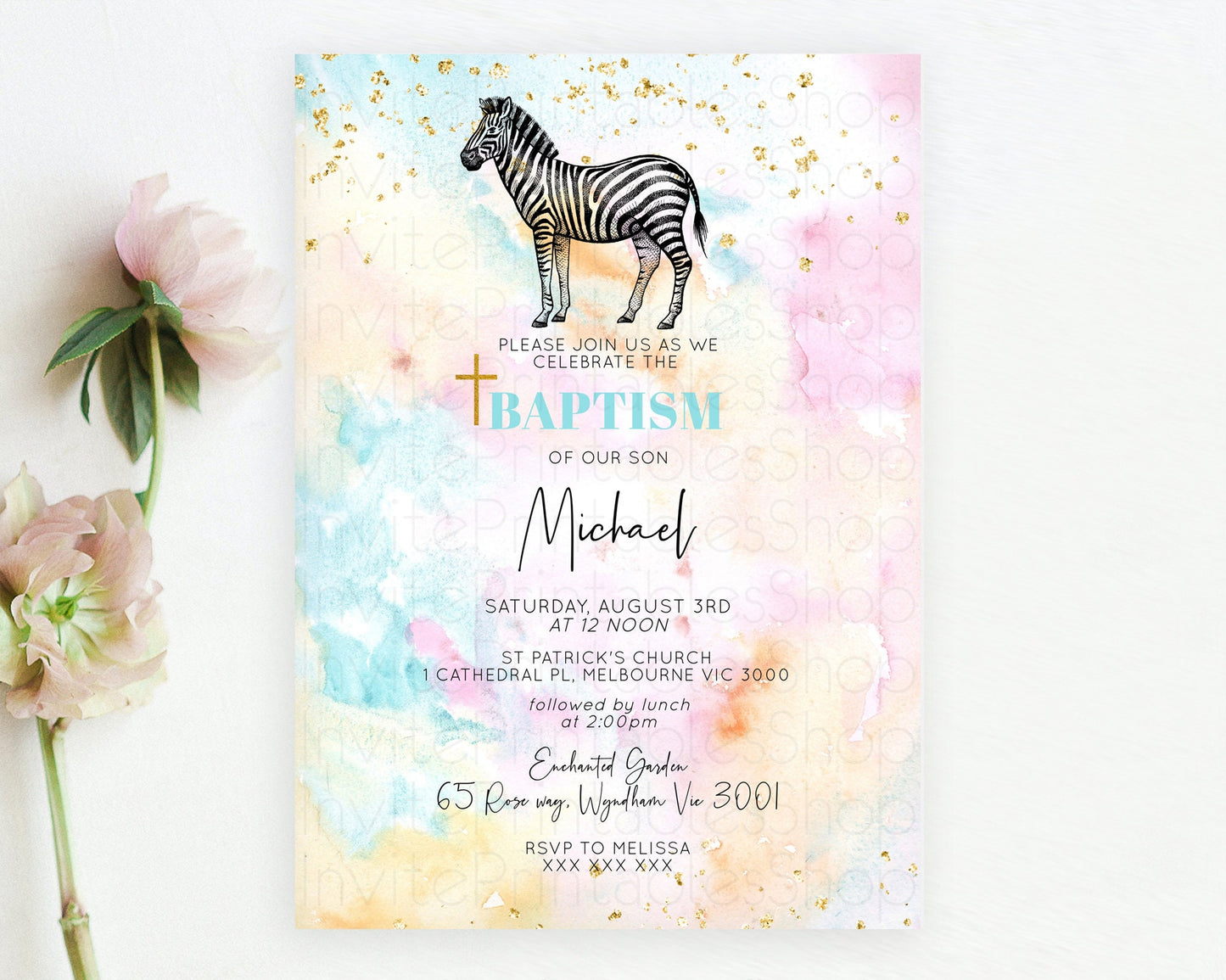 Pastel Zebra Baptism Invitation Watercolor Zebra Baptism 1st Birthday Invitation Rainbow Zebra Christening Invite Colorful Safari  D10281