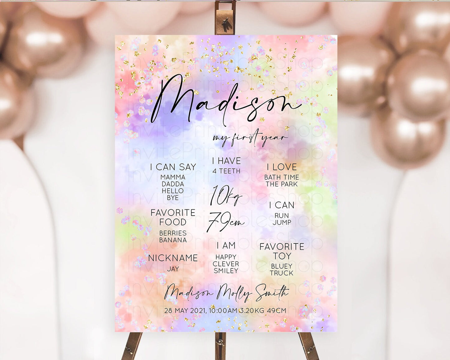 Pastel First Birthday Milestone Board Pastel Rainbow Milestone Poster Colorful Confetti Watercolor Glitter 1st Birthday Welcome Sign D10610
