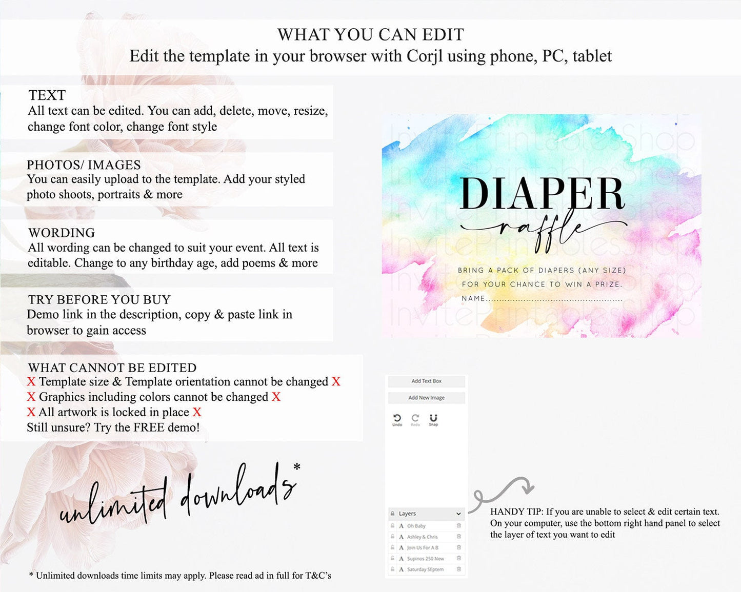 Pastel Diaper Raffle Card Pastel Rainbow Diaper Raffle Insert Colorful Ombre Watercolor Diaper Ticket Confetti Glitter Raffle Game D11020