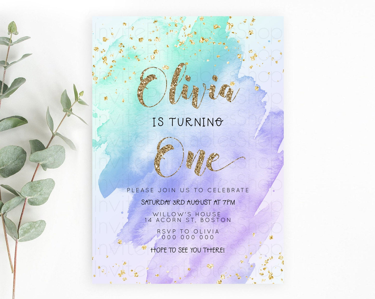 Rainbow Birthday Invitation Colorful Pastel Watercolor Invitation Gold Glitter Sprinkles Ombre Pastel 1st 2nd 3rd Birthday D23288