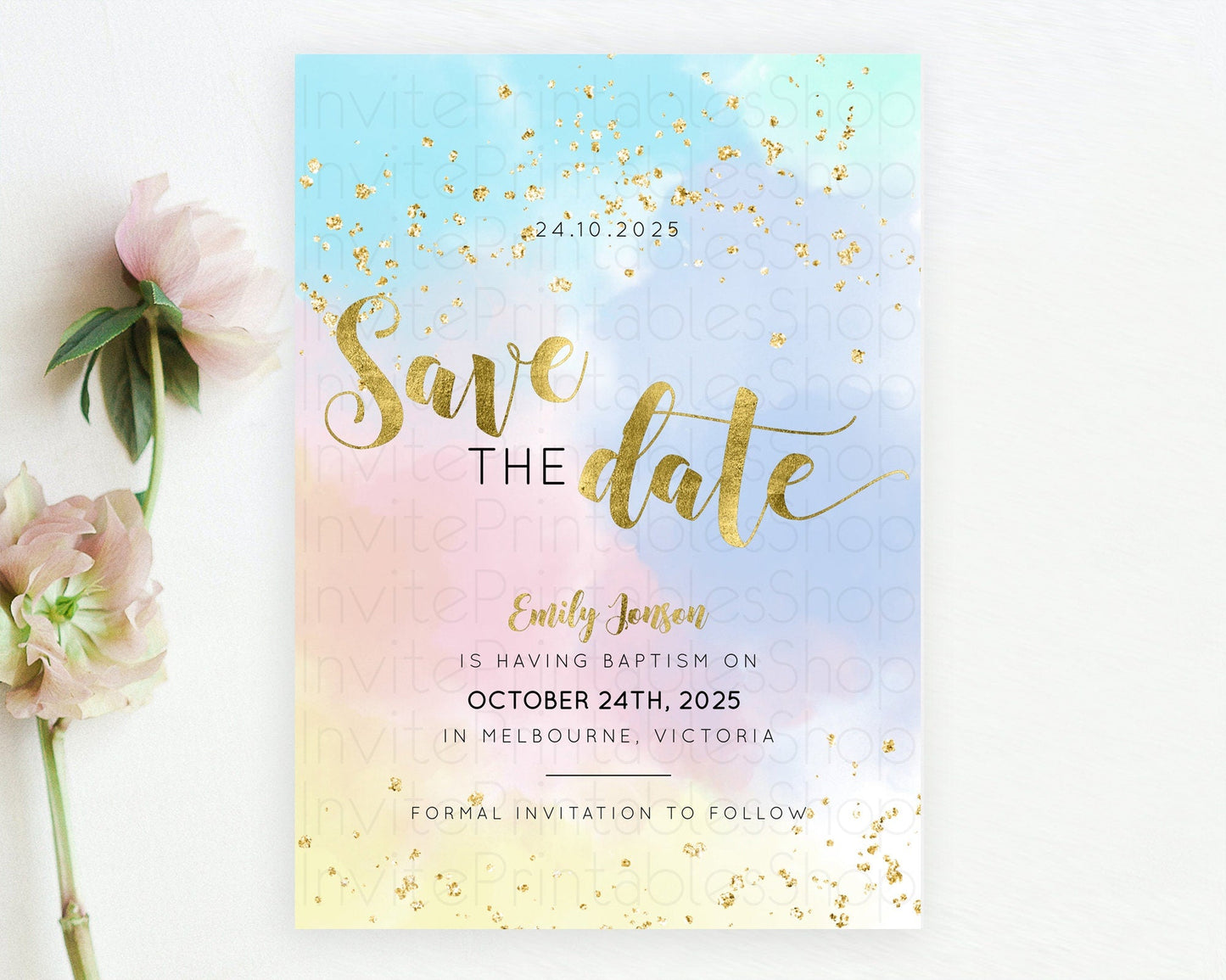 Pastel Save The Date Template Pastel Ombre Rainbow Watercolor Colorful Party For Birthday Baptism Baby Shower Wedding Bridal Shower D10892