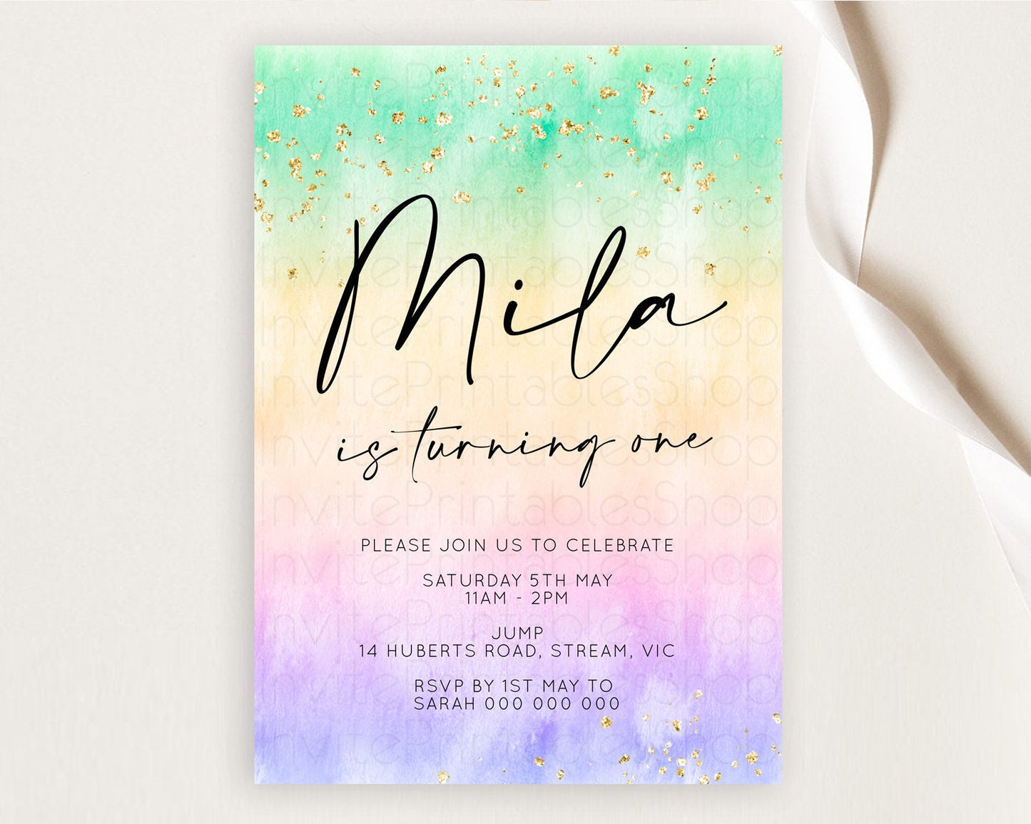 Rainbow Birthday Invitation Colorful Pastel Watercolor Invitation Gold Glitter Sprinkles Ombre Pastel 1st 2nd 3rd Birthday D10481