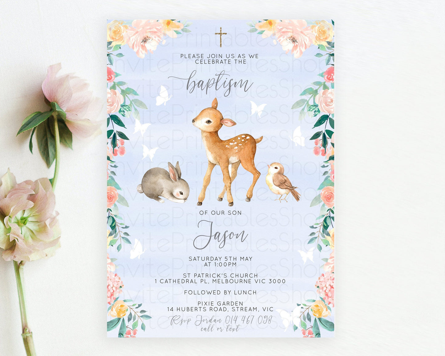 Fawn Baptism Invitation Deer Baptism 1st Birthday Invitation Enchanted Forest Christening Invitation Pastel Garden Butterfly Floral D10920