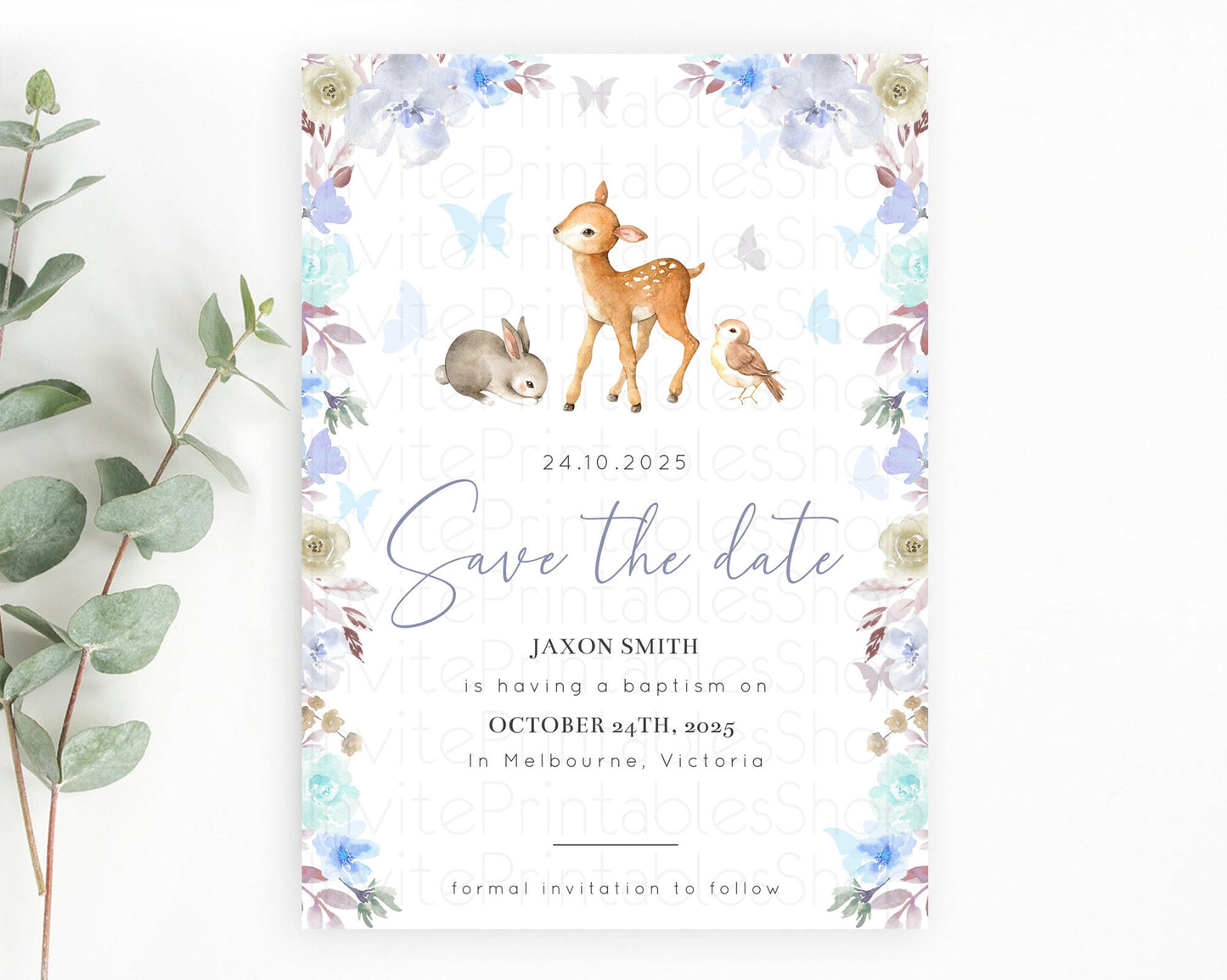 Fawn Deer Save The Date Template Pastel Floral Deer Enchanted Forest Butterfly Party 1st Birthday Baptism Baby Shower Bridal Shower D10929