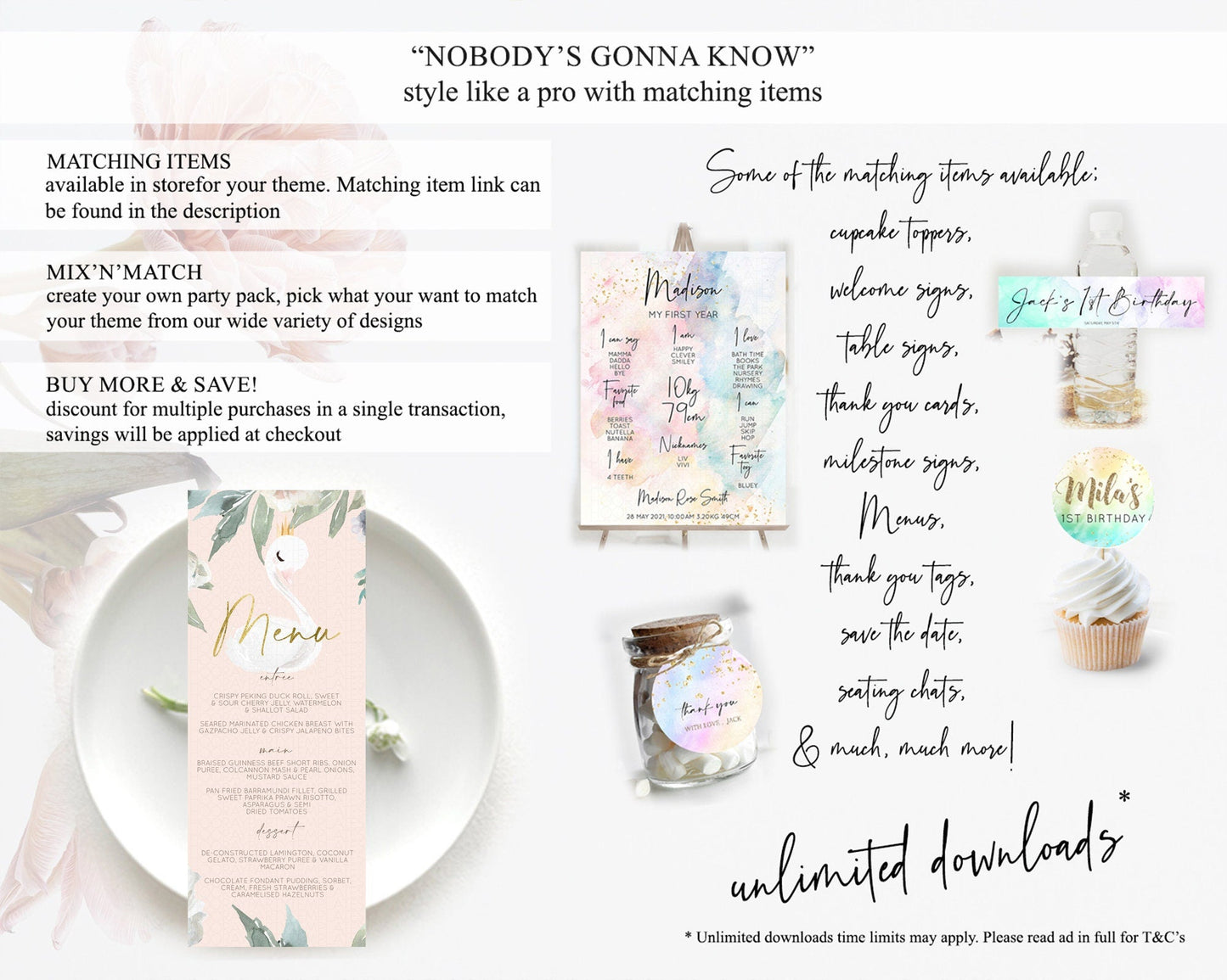 Swan Menu Swan Princess Ballet Menu Template Enchanted Swan Lake Table Decor Secret Garden Pastel Floral Dinner Dessert Food Menu D10115