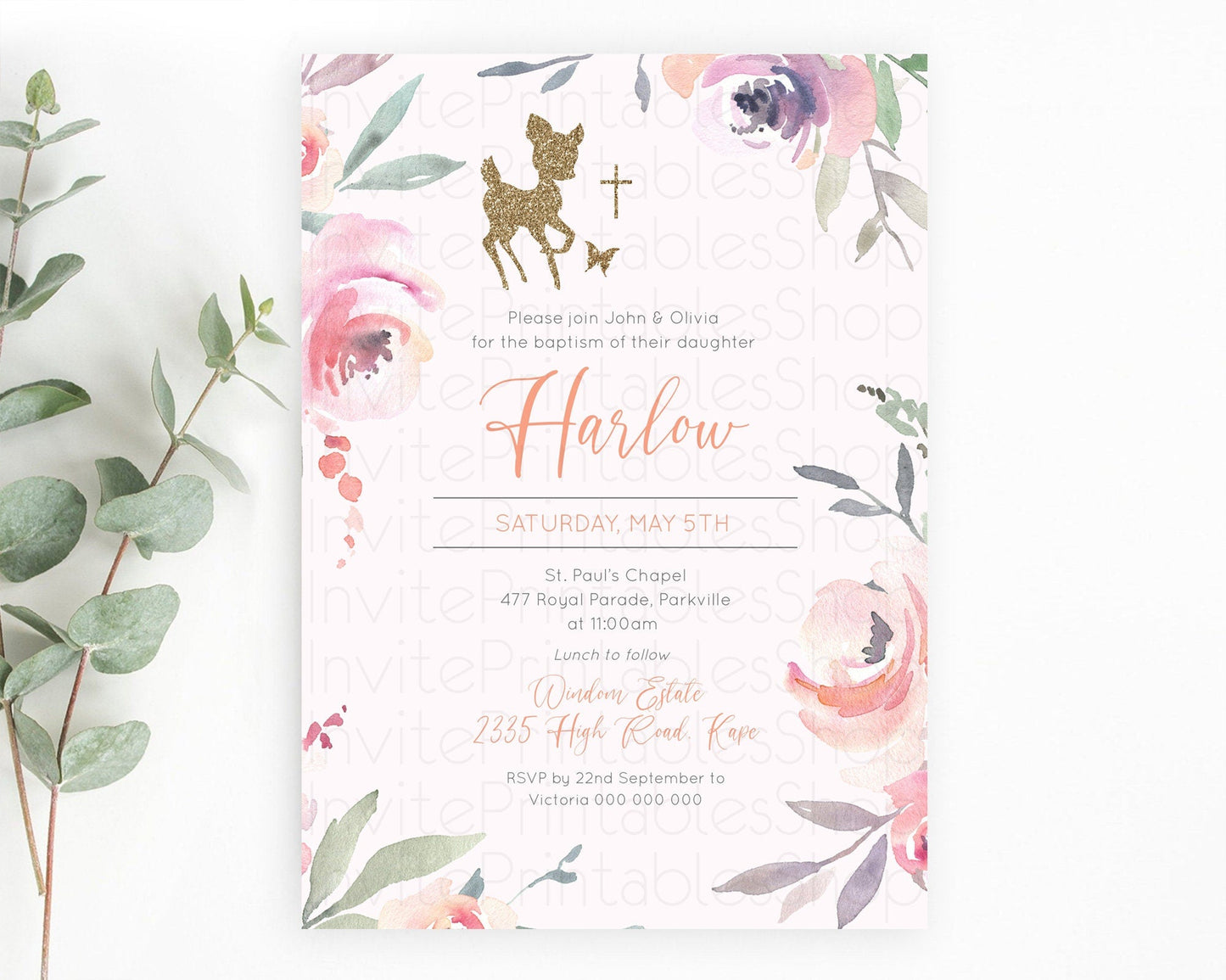 Fawn Baptism Invitation Deer Baptism 1st Birthday Invitation Enchanted Forest Christening Invitation Pastel Garden Butterfly Floral D10196