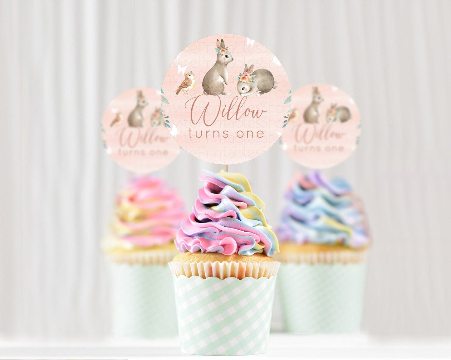 Bunny Cupcake Toppers Floral Bunny Cupcake Toppers Pastel Bunny Cupcake Pastel Watercolor Woodland Flowers Bunny First Birthday D10922