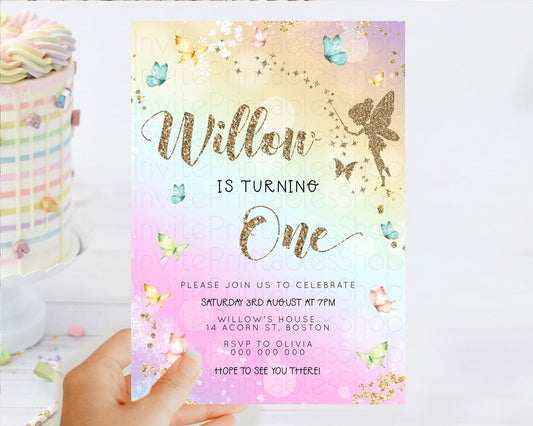 Pastel Fairy Birthday Invitation Pastel Butterflies Fairy Birthday Invitation Rainbow Ombre Watercolor 1st 2nd Birthday Invitation D23156