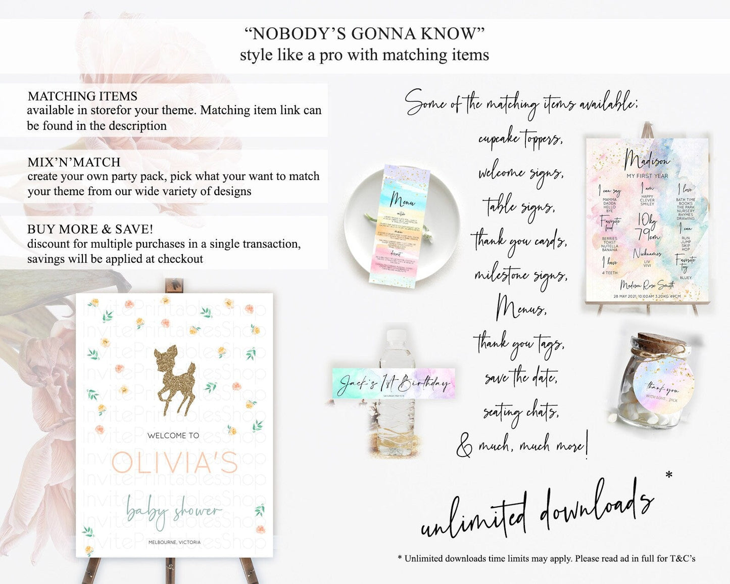 Fawn Baby Shower Welcome Sign Deer Welcome Board Floral Deer Welcome Poster Enchanted Forest Butterfly Pastel Floral Welcome Sign D10355