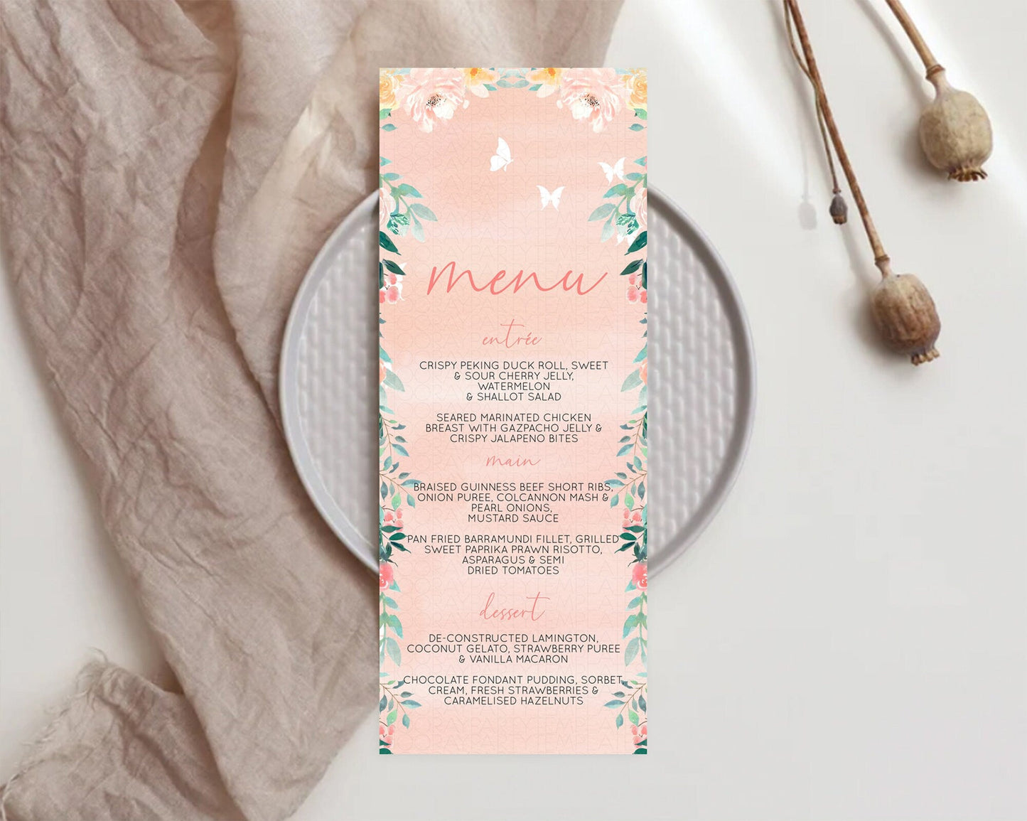 Secret Garden Menu Wildflower Menu Template Pastel Flower Garden Table Decor Boho Floral Dinner Dessert Floral Party Food Menu D10245