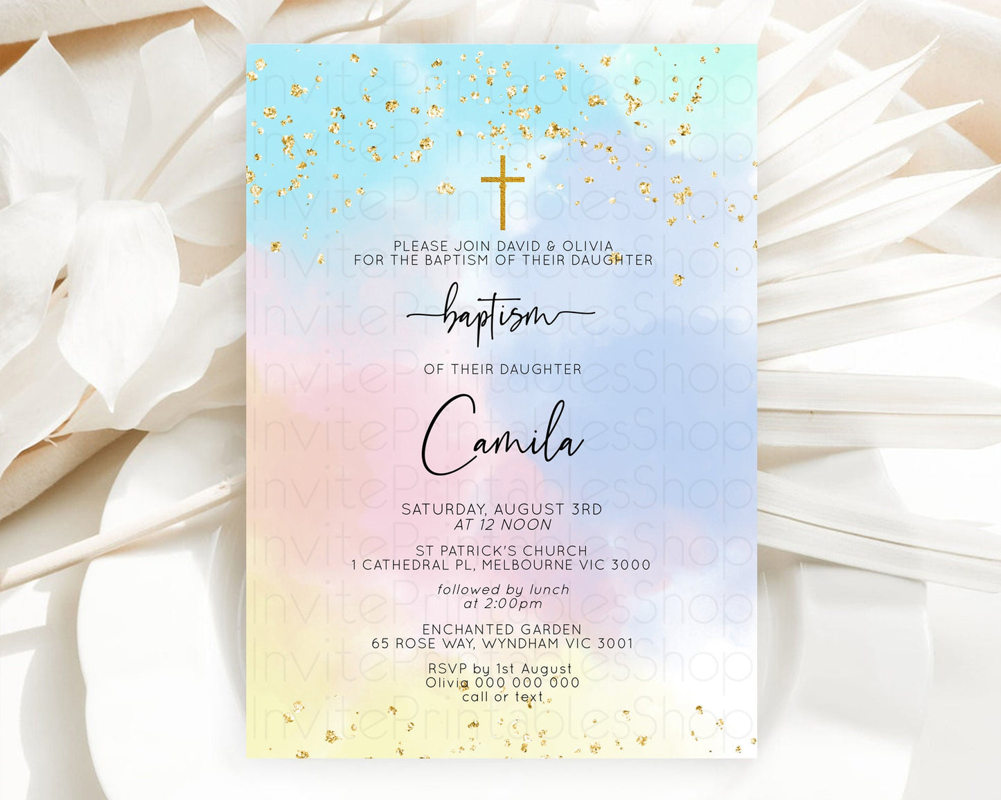 Pastel Baptism Invitation Pastel Colors Watercolor Baptism 1st Birthday Party Gold Ombre Pastel Rainbow Christening Holy Communion D10892