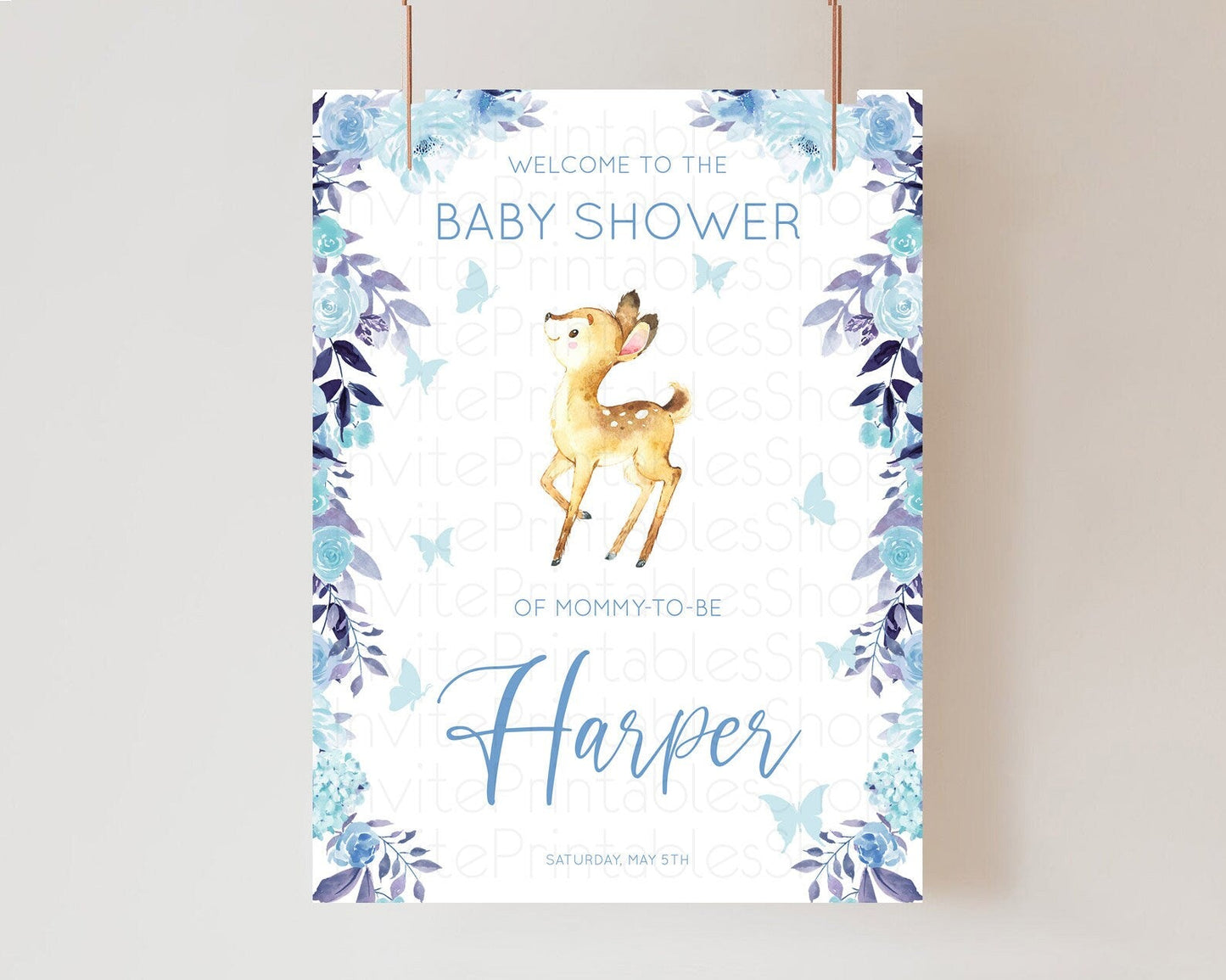 Fawn Baby Shower Welcome Sign Deer Welcome Board Floral Deer Welcome Poster Enchanted Forest Butterfly Pastel Floral Welcome Sign D10917