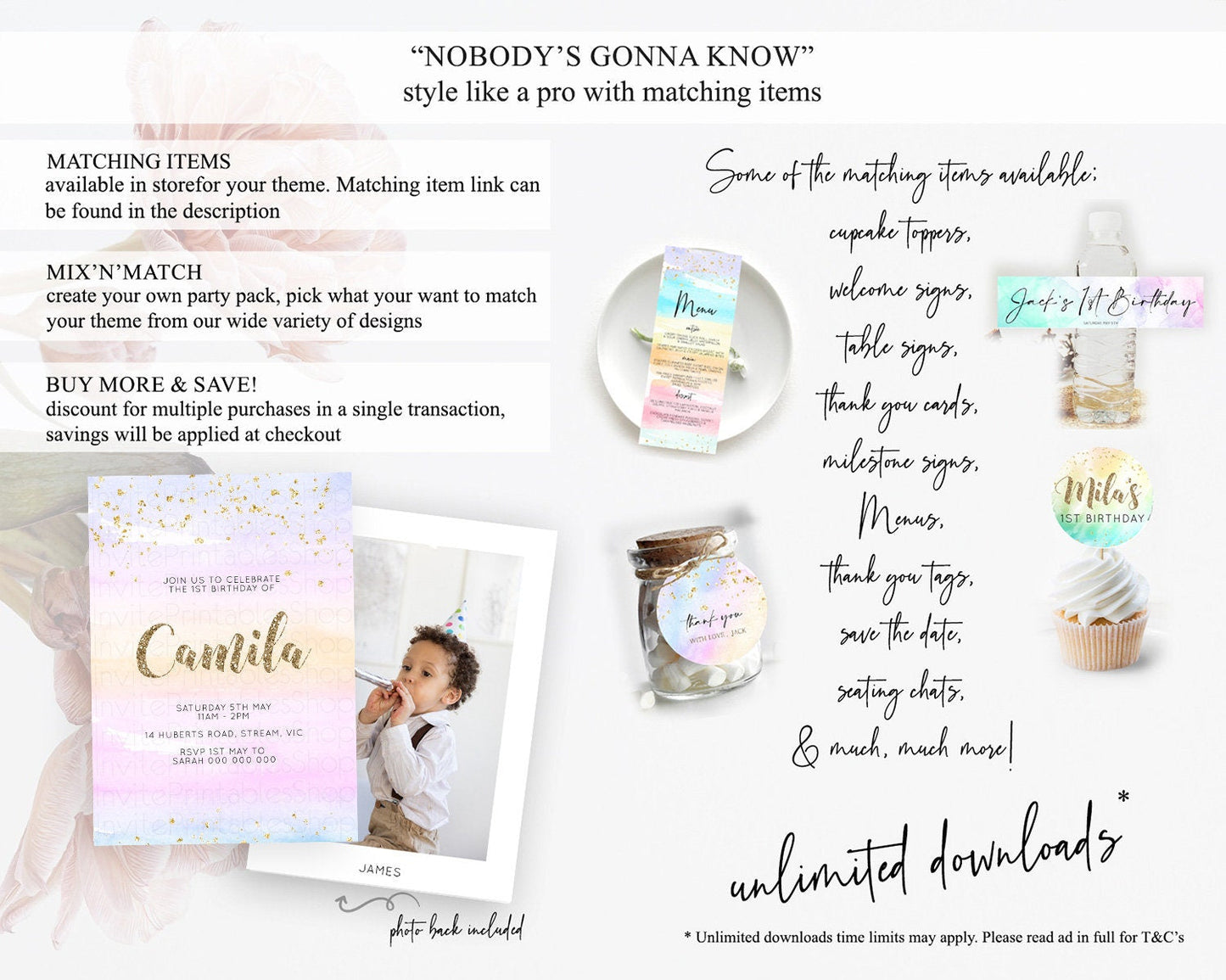 Rainbow Birthday Invitation Colorful Pastel Watercolor Invitation Gold Glitter Sprinkles Ombre Pastel 1st 2nd 3rd Birthday D10595