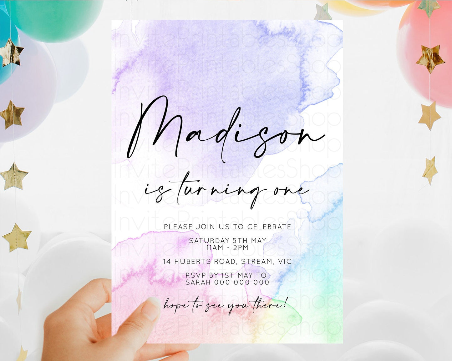 Rainbow Birthday Invitation Colorful Pastel Watercolor Invitation Gold Glitter Sprinkles Ombre Pastel 1st 2nd 3rd Birthday D10215