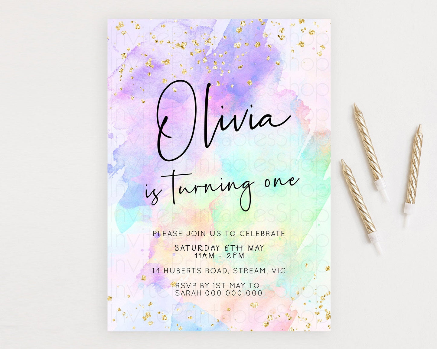 Pastel Birthday Invitation Ombre Watercolor Birthday Invitation Glitter Rainbow Color Splash 1st 2nd 3rd Birthday Invitation D23066