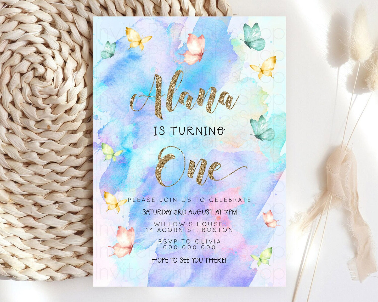 Pastel Butterfly Birthday Invitation Butterfly Birthday Invitation Colorful Splash Glitter Butterfly Garden 1st 2nd Birthday D23245