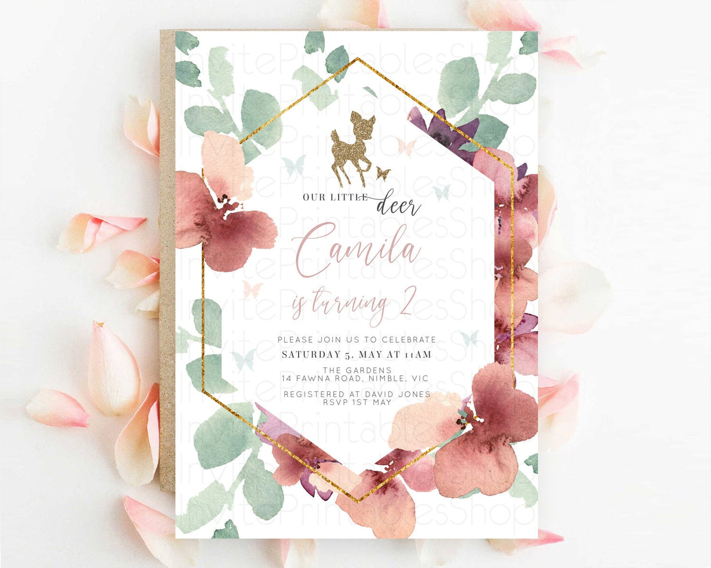 Fawn Birthday Invitation Deer Birthday Invitation Enchanted Forest Party Butterfly Pastel Flowers Whimsical 2nd 1st First Birthday D10459