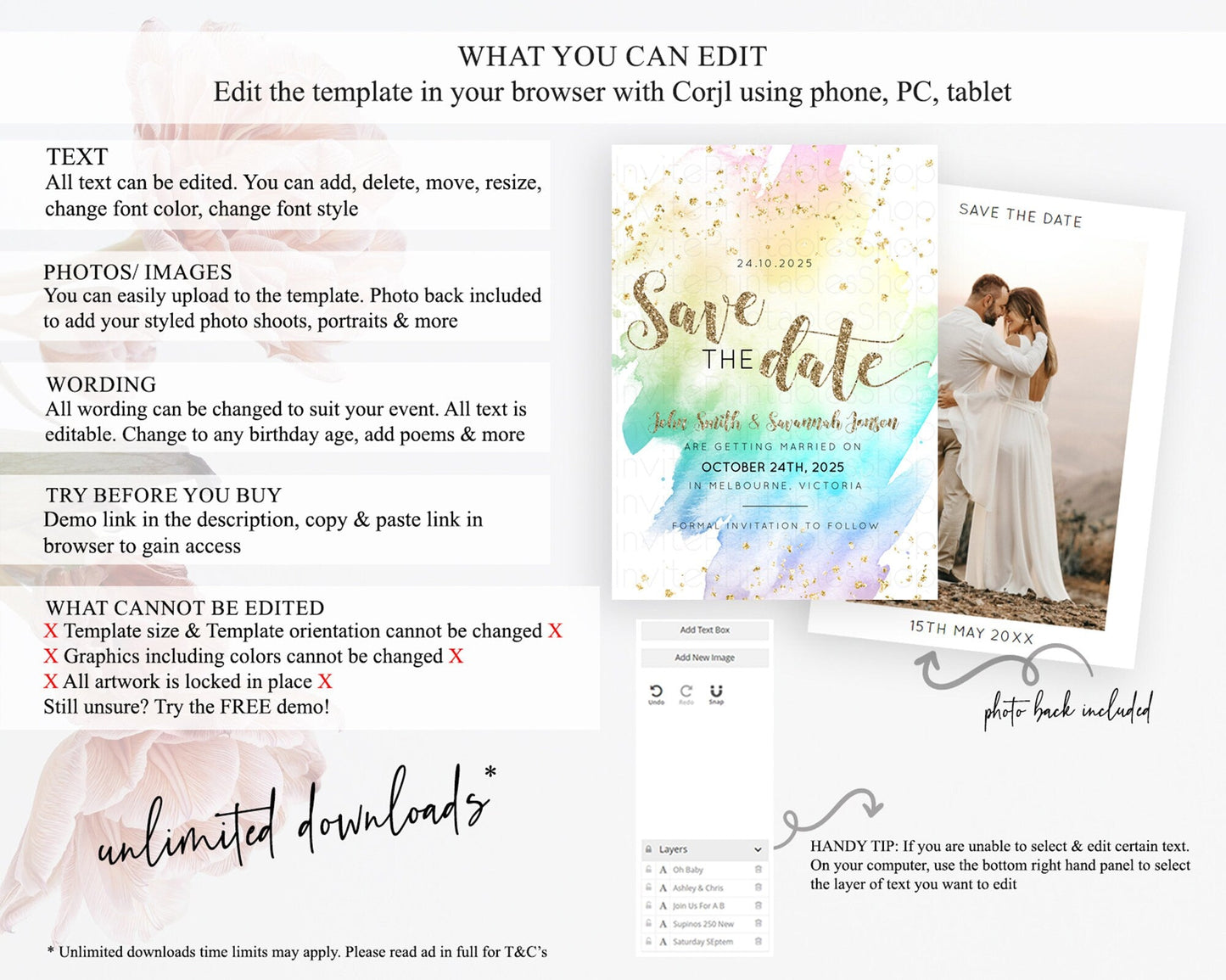 Pastel Save The Date Template Pastel Ombre Rainbow Watercolor Colorful Party For Birthday Baptism Baby Shower Wedding Bridal Shower D10259