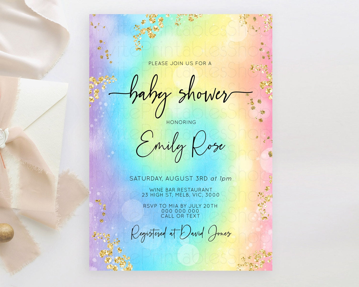 Pastel Baby Shower Invitation Rainbow Baby Shower Invitation Colorful Pastel Watercolor Invitation Gold Glitter Sprinkles Ombre D10568