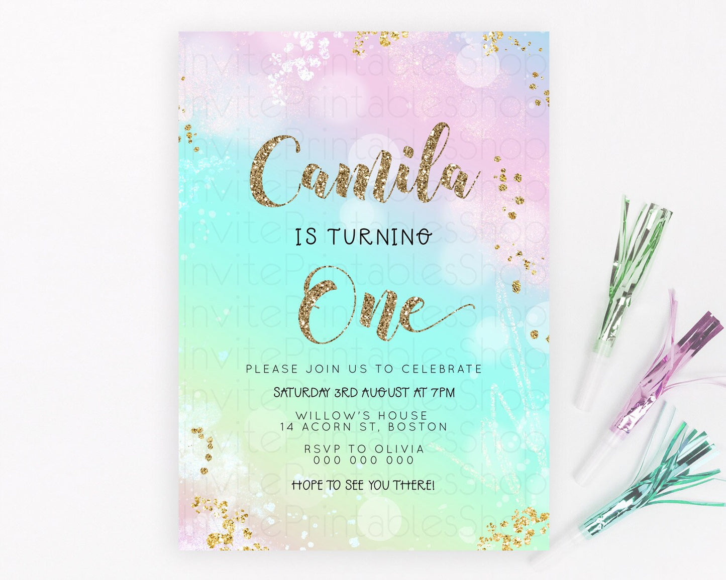 Rainbow Birthday Invitation Colorful Pastel Watercolor Invitation Gold Glitter Sprinkles Ombre Pastel 1st 2nd 3rd Birthday D23115