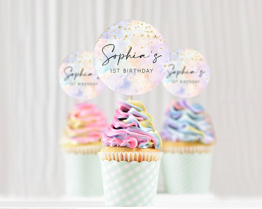 Editable Rainbow Cupcake Toppers Pastel Cupcake Toppers Colorful Pastel Wate