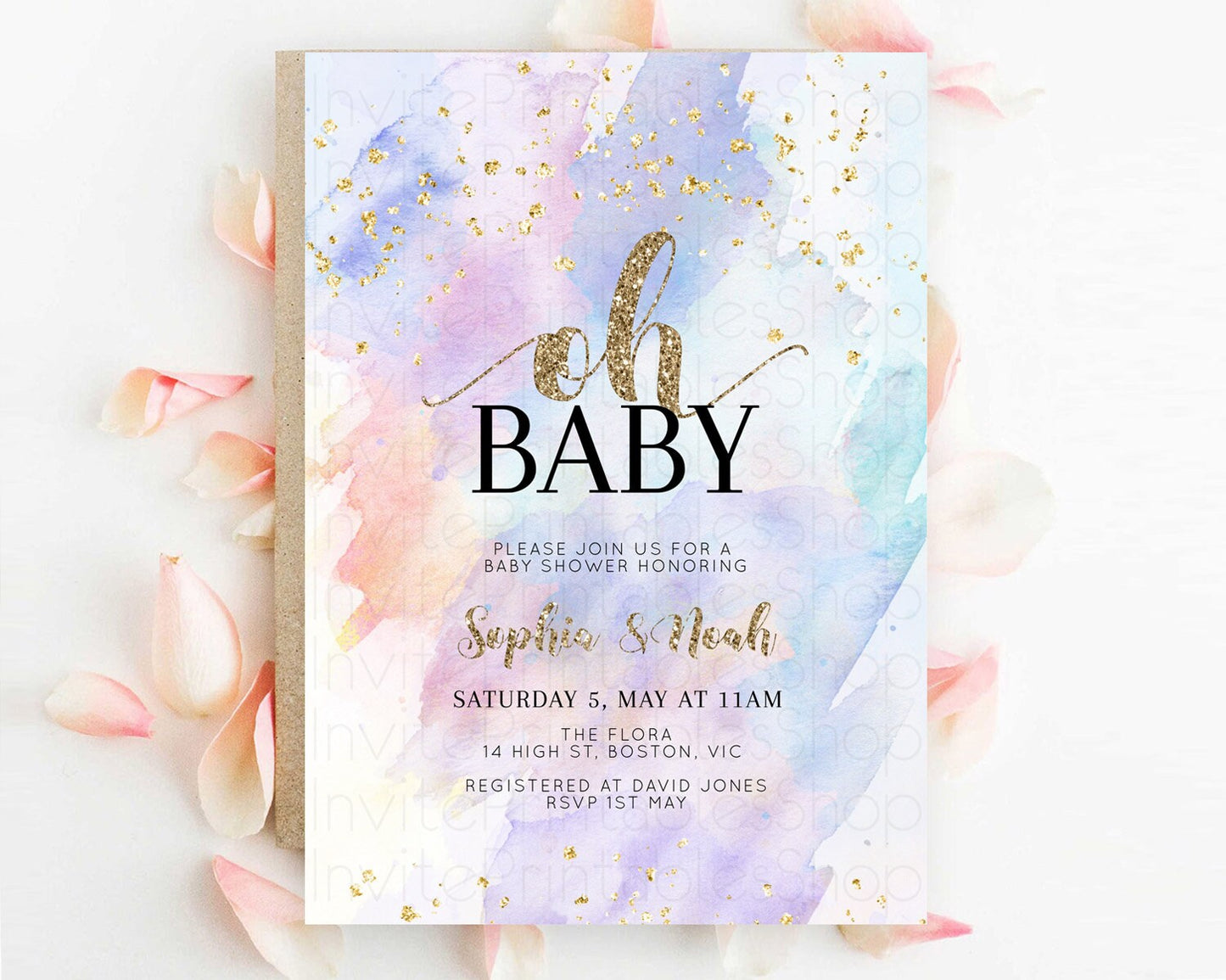 Pastel Baby Shower Invitation Rainbow Baby Shower Invitation Colorful Pastel Watercolor Invitation Gold Glitter Sprinkles Ombre D10583