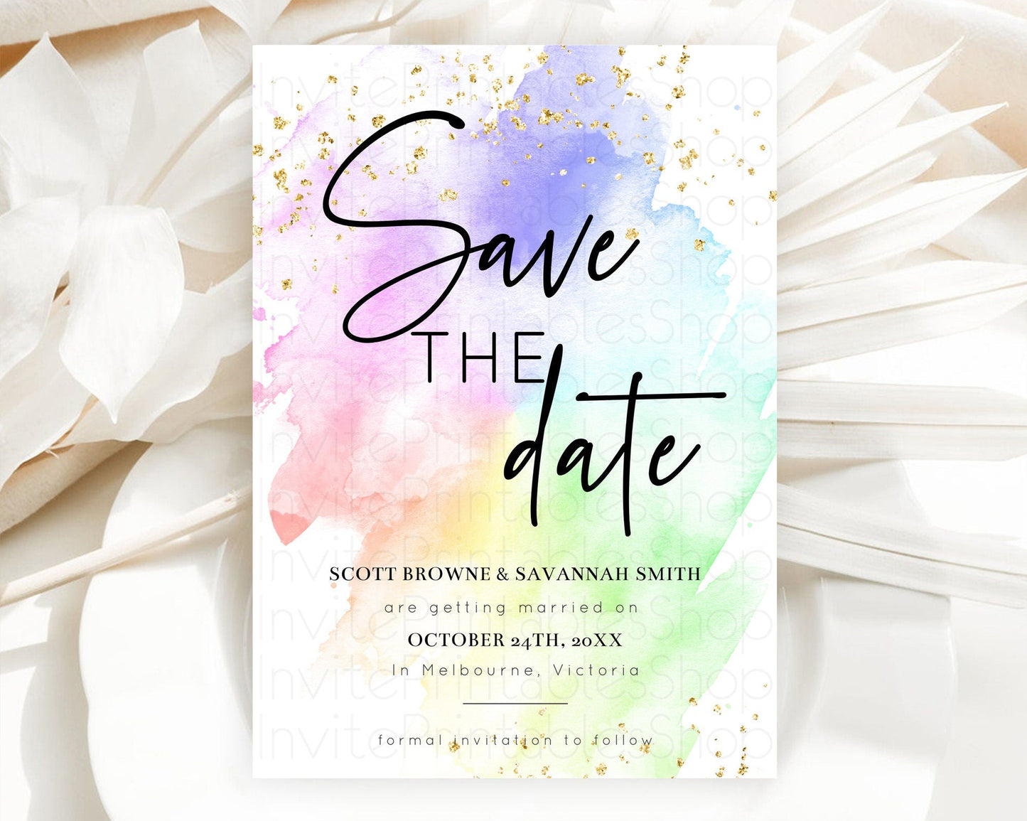 Pastel Save The Date Template Pastel Ombre Rainbow Watercolor Colorful Party For Birthday Baptism Baby Shower Wedding Bridal Shower D10316