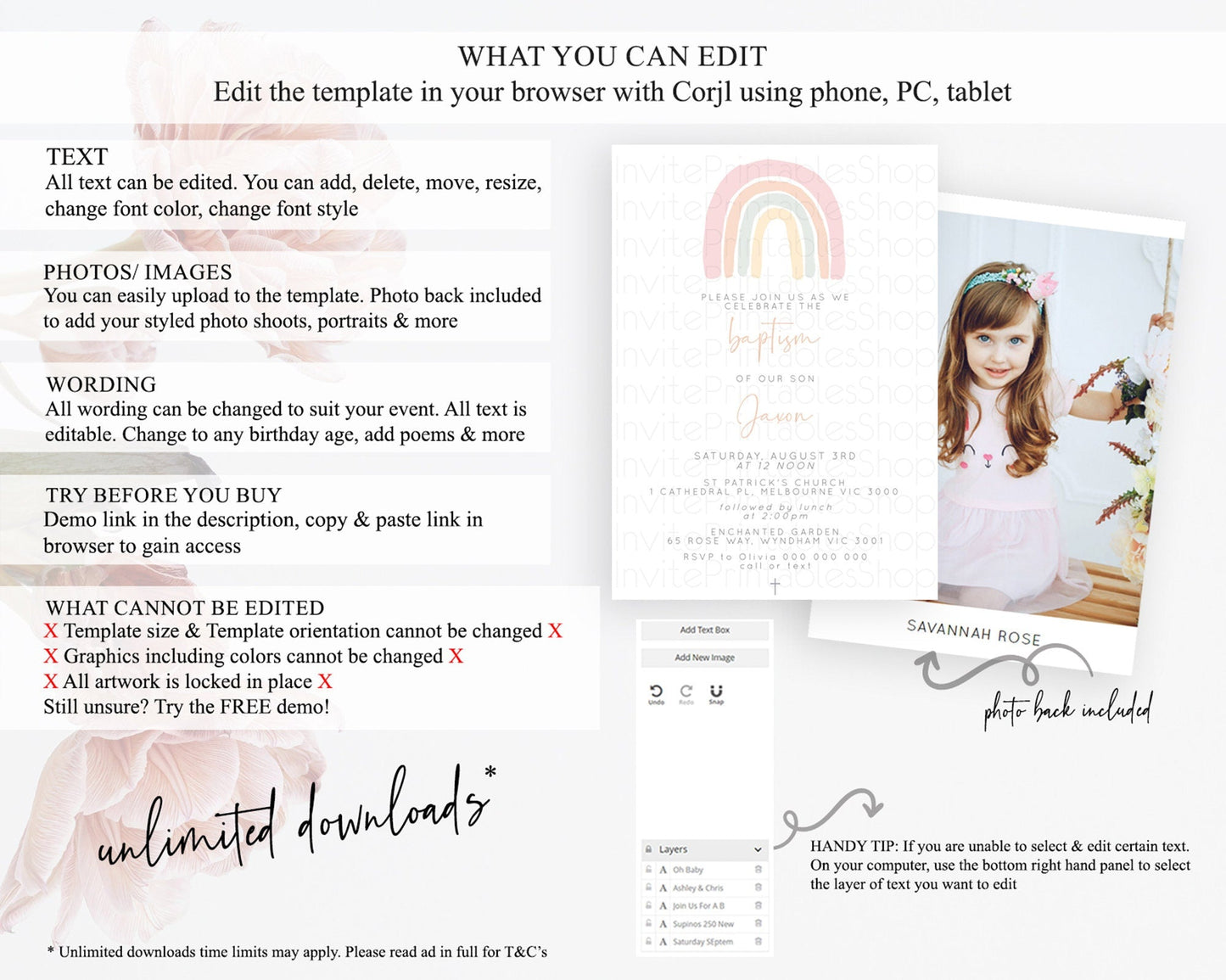 Pastel Rainbow Baptism Invitation Boho Rainbow Baptism 1st Birthday Invitation Rainbow Pastel Watercolor Christening Invitation D10162